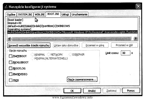 Okno przedstawia program msconfig. Zakładka BOOT.INI pozwala na