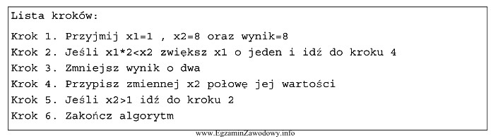 W wyniku realizacji listy kroków zmienna wynik przyjmie wartoś