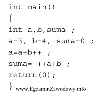 Po wykonaniu instrukcji zmienna suma będzie równa