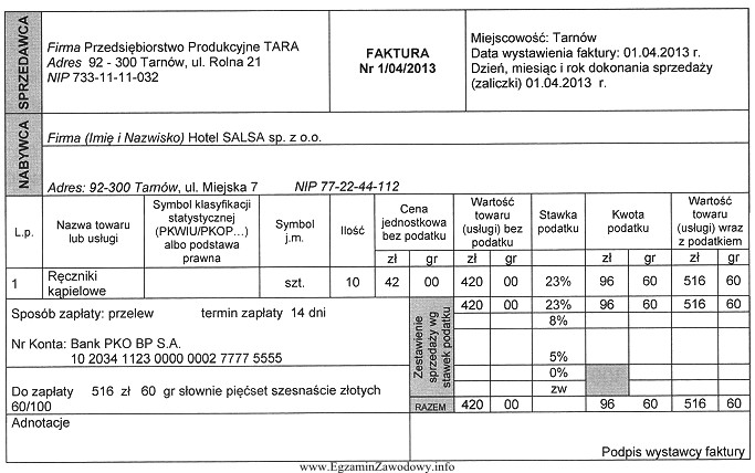 W dniu 1.04.2013 r. wystawiono fakturę sprzedaży Nr 1/04/2013. Zgodnie z 