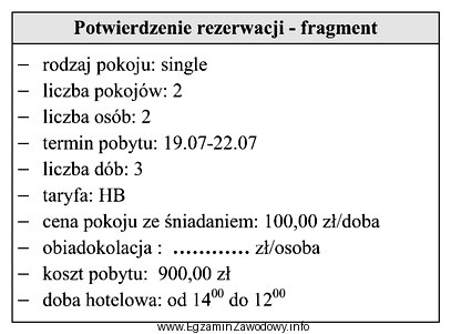 Wskaż kwotę, którą powinien recepcjonista wpisać w pozycji obiadokolacja, 