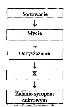 Schemat przedstawia fragment procesu technologicznego produkcji owoców w syropie. 